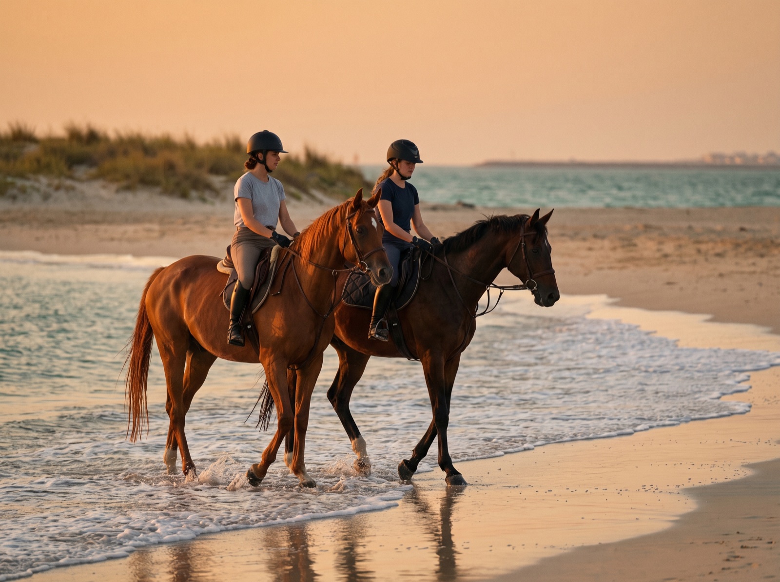 Riders in the shallow surf on an empty beach at golden hour