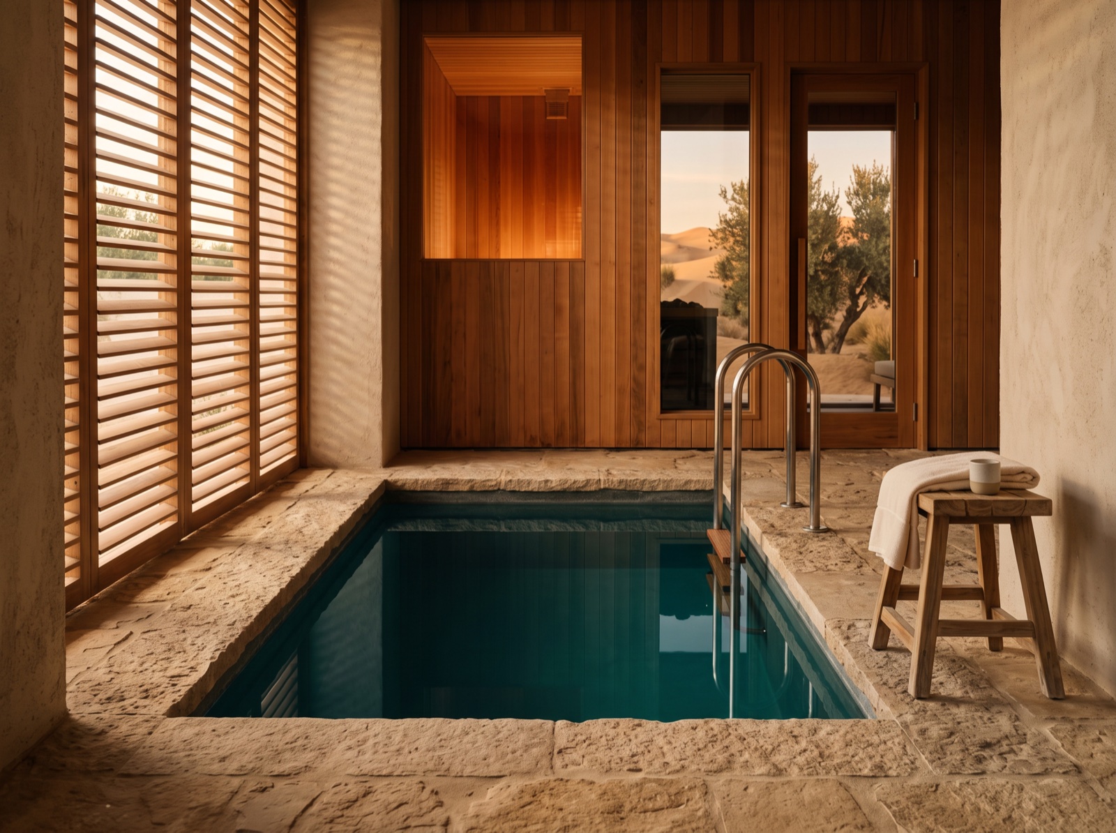 The cold plunge beside the cedar sauna, dunes through the window