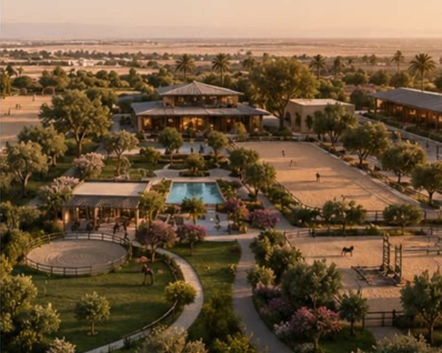 Aerial view of the House of Ru estate at golden hour