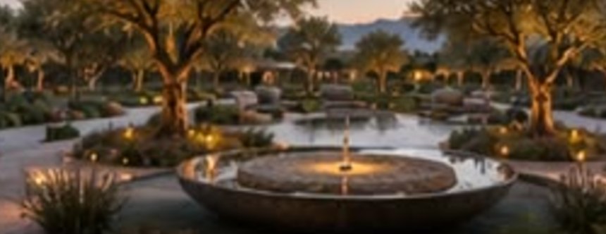 The meditation garden with reflecting pools at dusk