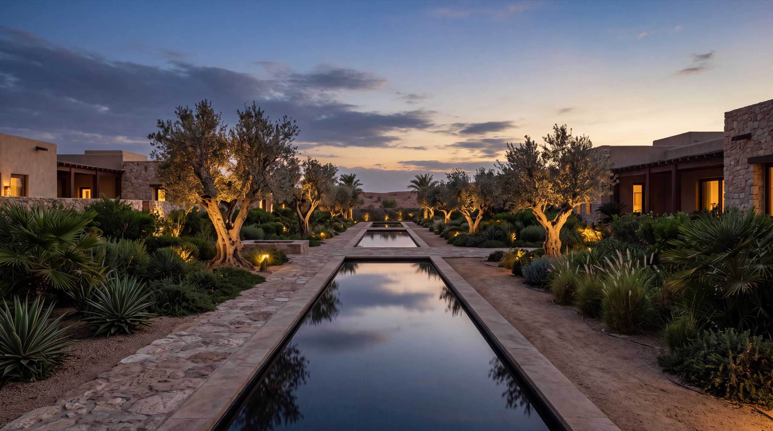 The meditation garden with reflecting pools at dusk