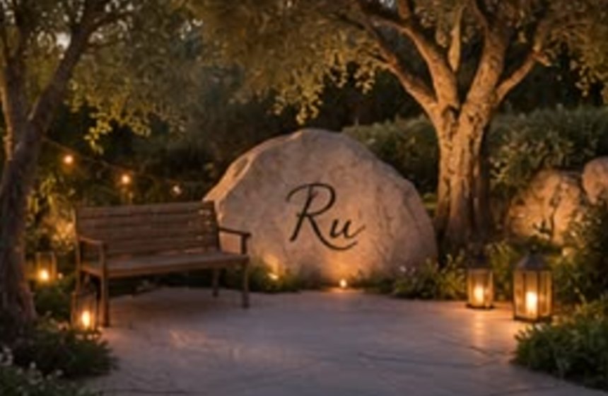 A memorial stone engraved Ru, beneath an olive tree at dusk