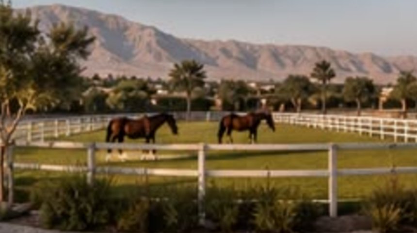 Horses grazing in a green paddock with mountains beyond