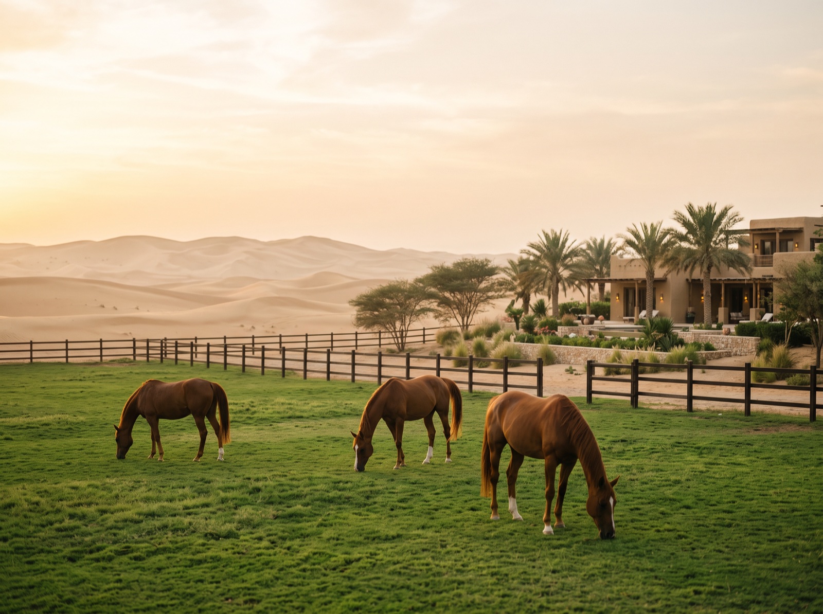 Horses grazing in a green paddock with the dunes beyond