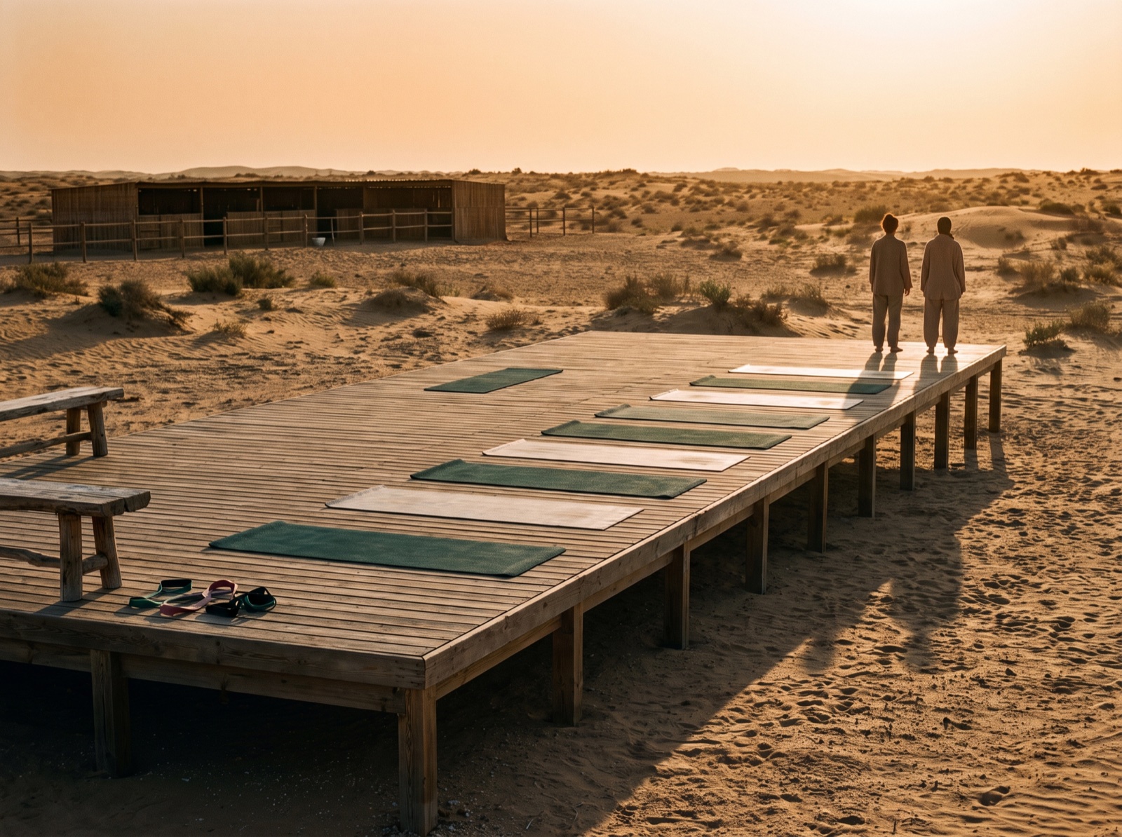A guided Pilates session on the deck at golden hour