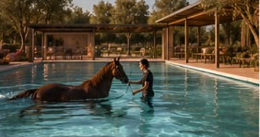A horse being walked in the rehabilitation pool
