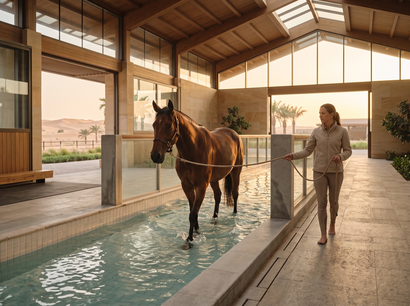 A horse being walked in the rehabilitation pool