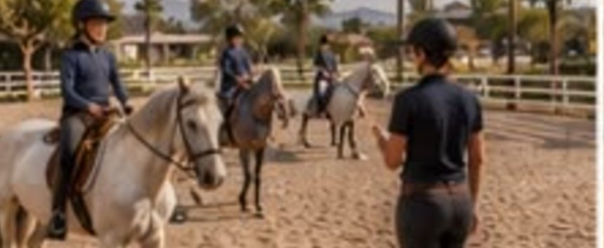 Riders in a group lesson on the sand arena