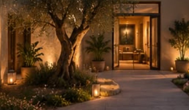 A lantern-lit spa courtyard among olive trees