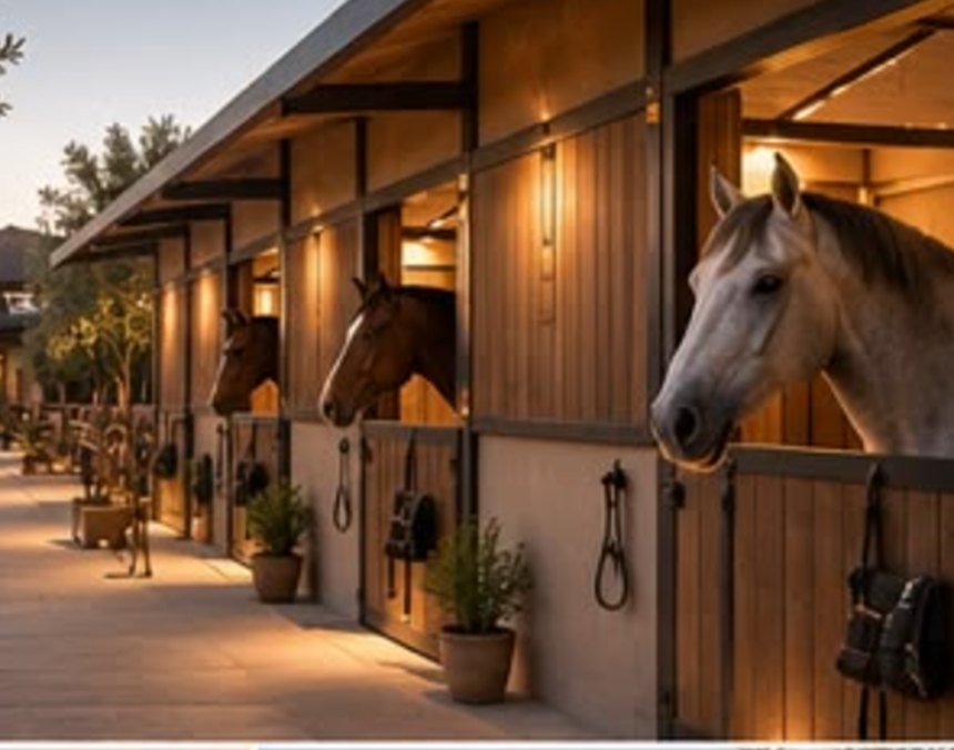 Three horses looking out from timber stalls at golden hour