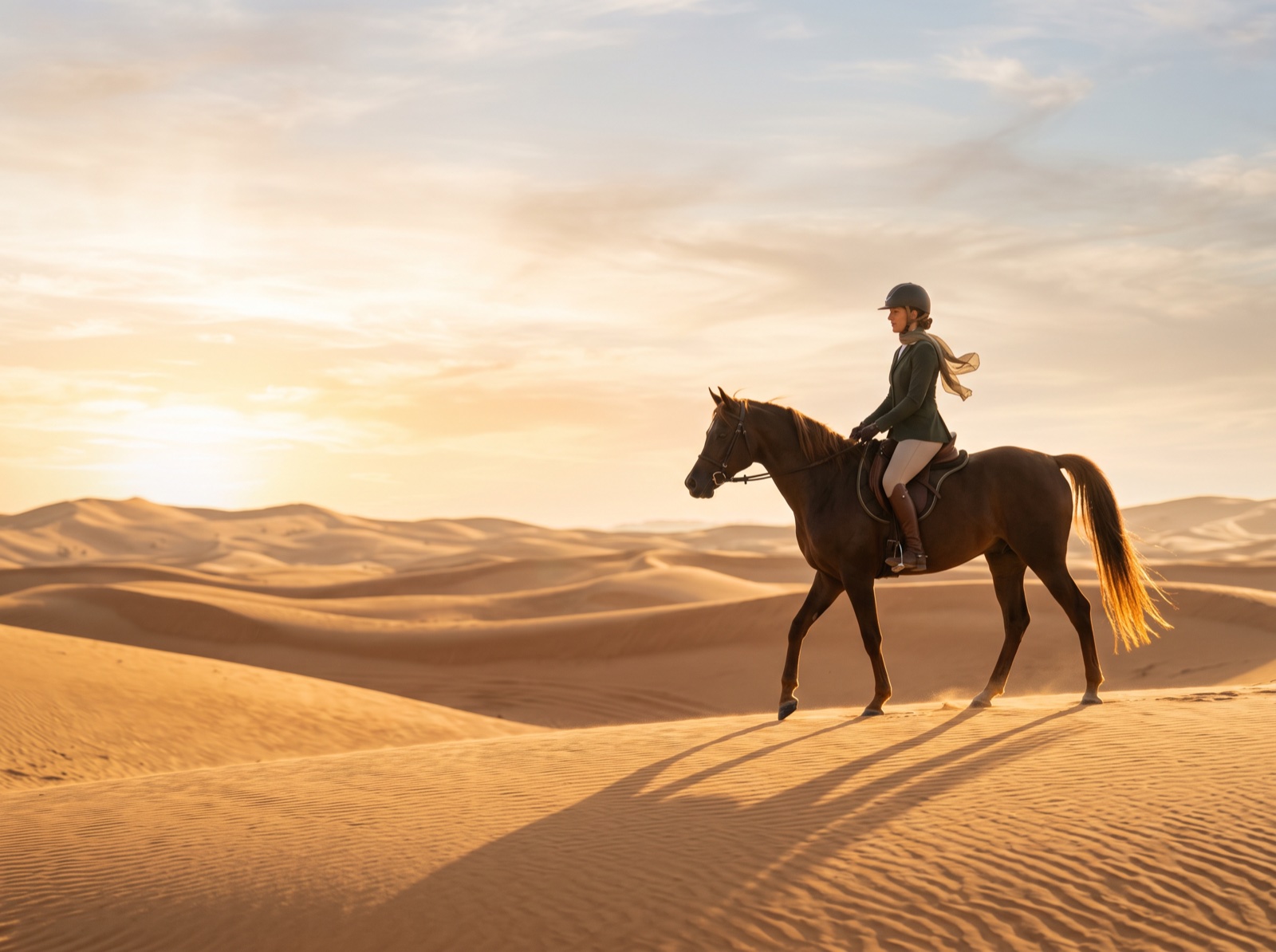 A rider on the desert trails at sunset