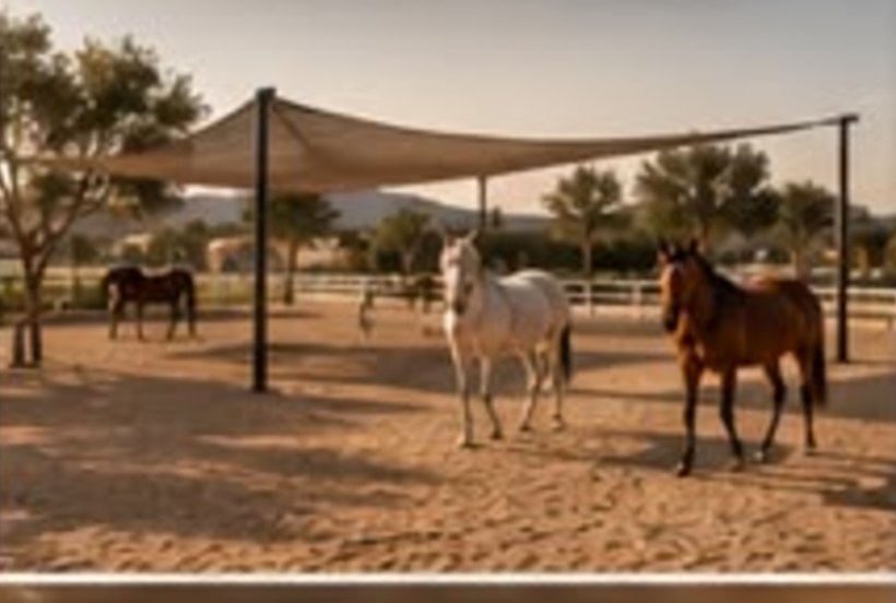 Horses standing together under a shade sail