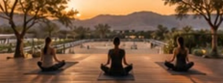 People practising yoga on the deck at sunset